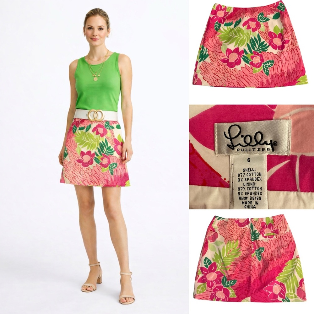 LILLY PULITZER VTG Port of Caw Pink Green Tropical‎ Floral Print Preppy Skirt 6